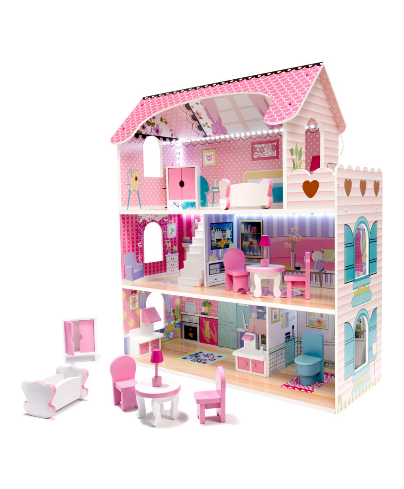 MDF wooden dollhouse + furniture 70cm pink LED