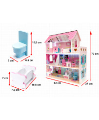 MDF wooden dollhouse + furniture 70cm pink LED