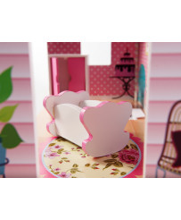 MDF wooden dollhouse + furniture 70cm pink LED