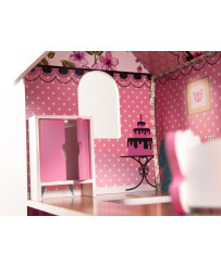 MDF wooden dollhouse + furniture 70cm pink LED