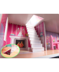 MDF wooden dollhouse + furniture 70cm pink LED