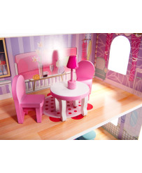 MDF wooden dollhouse + furniture 70cm pink LED