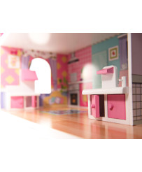 MDF wooden dollhouse + furniture 70cm pink LED