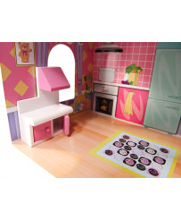 MDF wooden dollhouse + furniture 70cm pink LED