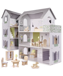 Wooden dollhouse + furniture 70cm grey
