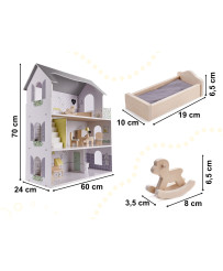 Koka leļļu māja + mēbeles 70cm pelēka