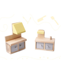 Wooden dollhouse + furniture 70cm grey