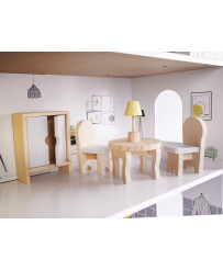 Wooden dollhouse + furniture 70cm grey
