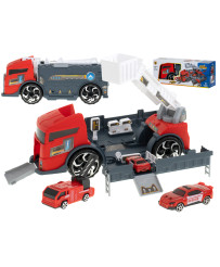 Transporter truck TIR 2in1 parking garage fire department + 3 cars red