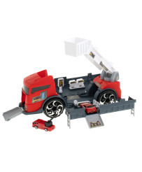 Transporter truck TIR 2in1 parking garage fire department + 3 cars red