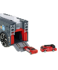 Transporter truck TIR 2in1 parking garage fire department + 3 cars red