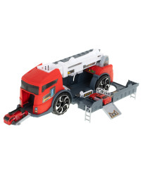 Transporter truck TIR 2in1 parking garage fire department + 3 cars red