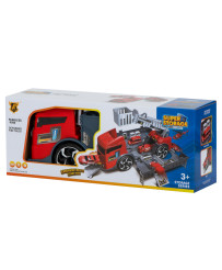 Transporter truck TIR 2in1 parking garage fire department + 3 cars red