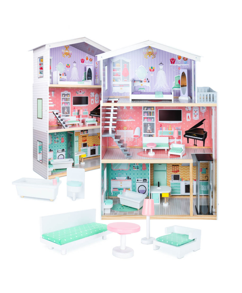 Wooden doll house+ furniture pastel 117cm