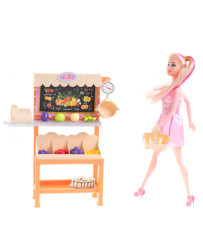 Salesgirl doll on shopping spree at supermarket vegetable store