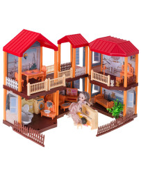 Doll house villa red roof lighting + furniture and dolls