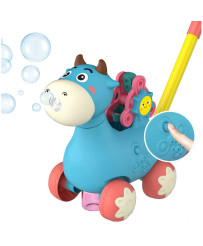 Woopie stūmējs stumj izdomu ar skaņu un ziepju burbuļiem zilā krāsā