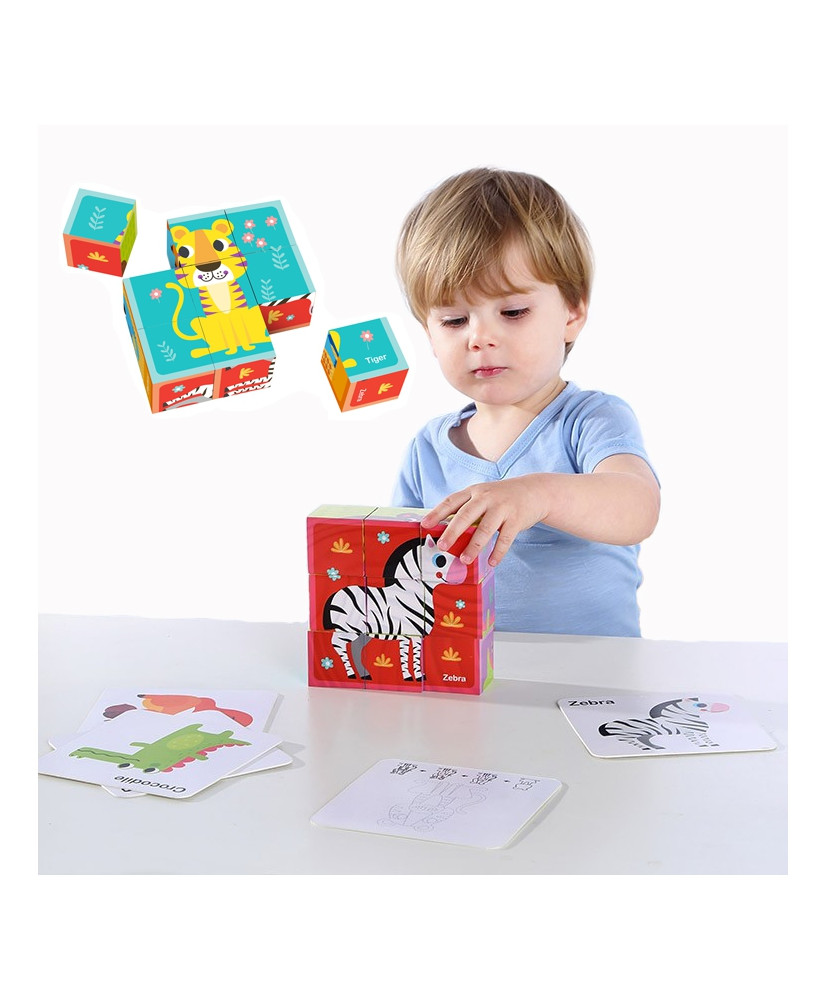 TOOKY TOY Montessori Puzzle Blocks Cubes Cubes Puzzle Animals + Patterns