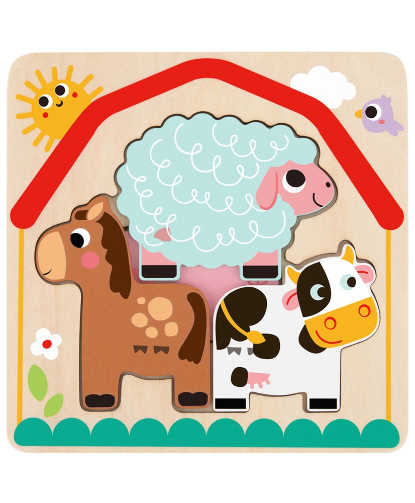 Tooky Toy Wooden Montessori Puzzle Multi-layer Board Animals on the Farm 7 pcs.