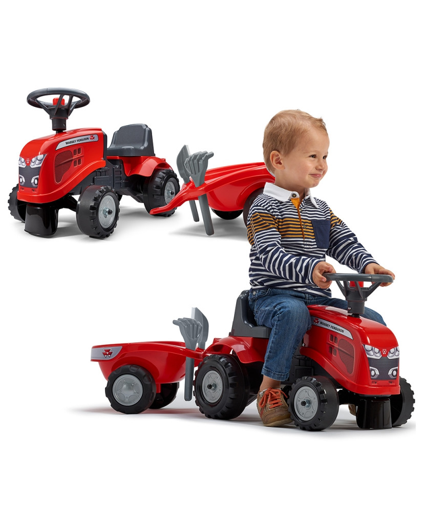 FALK Traktorek Baby Massey Ferguson Czerwony z Przyczepką + akc. No 1 gada