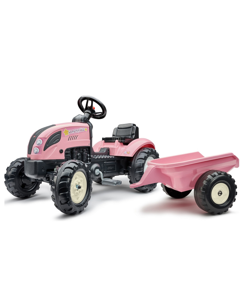 FALK Country Star Traktors, rozā krāsā, ar pedāliem, vilcienu un akordeonu.