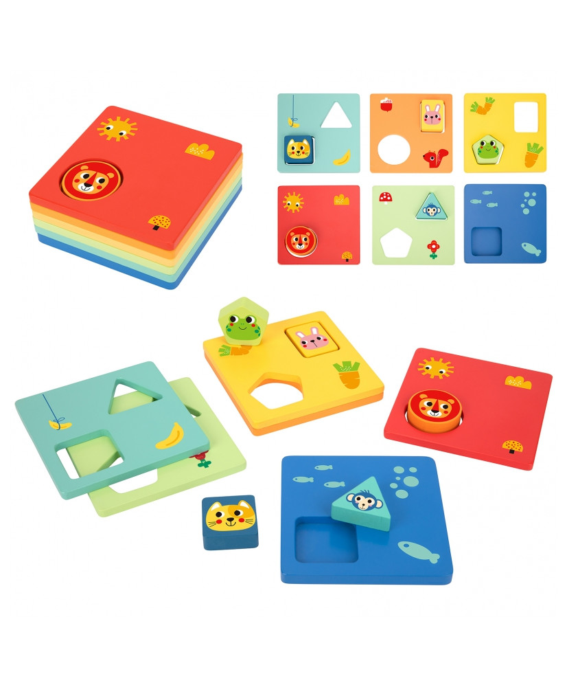 TOOKY TOY Montessori Puzzle Shapes and Colors Animals 6 Boards FSC