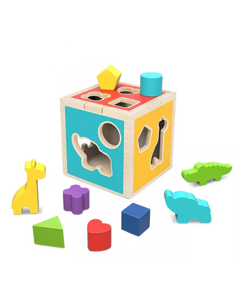 Tooky Toy Drewniany Sorter Kostka Edukacyjna Zwierzątka Figura Geometricczne