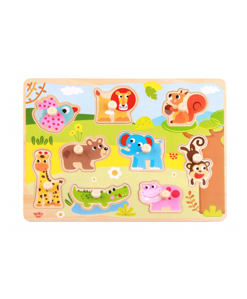 TOOKY TOY Wooden Montessori Animals Puzzle with Matching Pins