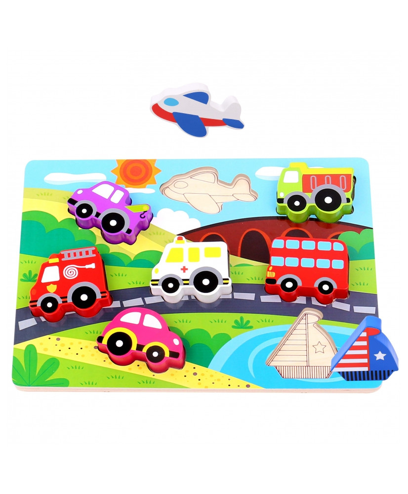 TOOKY TOY Wooden 3D Puzzle Montessori Vehicles Match Shapes