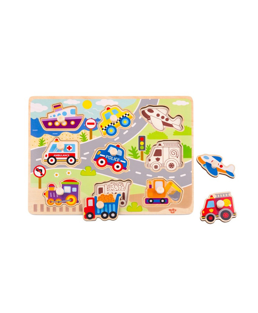 TOOKY TOY Wooden Puzzle Montessori Transport Vehicles with Matching Pins