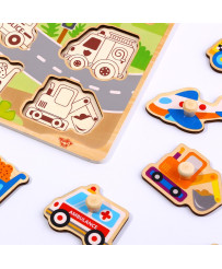 TOOKY TOY Wooden Puzzle Montessori Transport Vehicles with Matching Pins