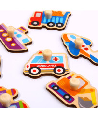 TOOKY TOY Wooden Puzzle Montessori Transport Vehicles with Matching Pins