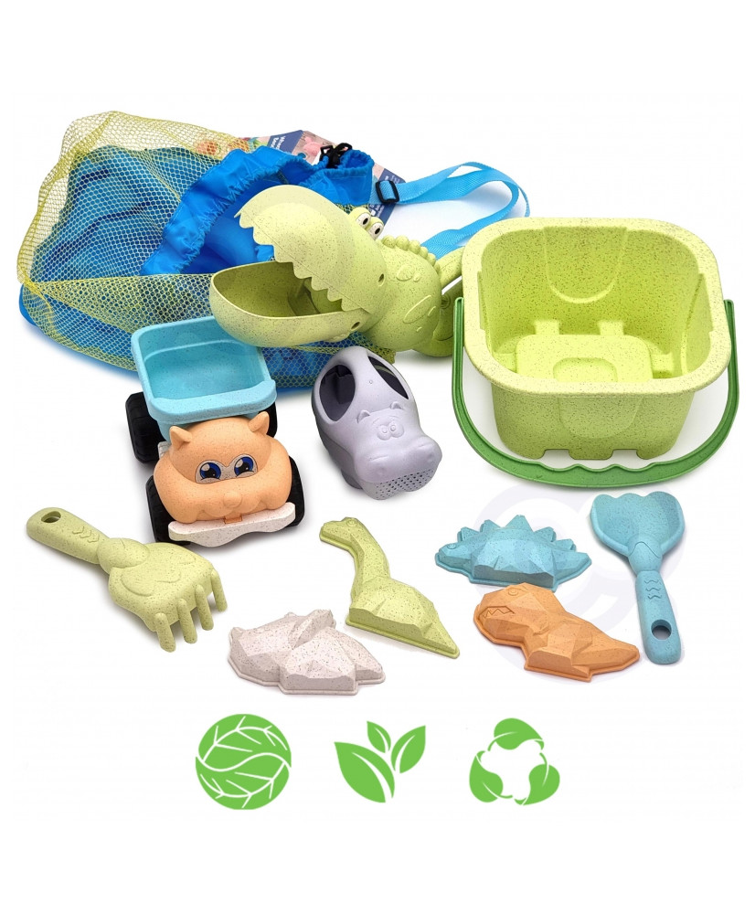 WOOPIE GREEN Sand Set with Bucket and Shovel Crocodile in a Backpack 10 pcs. BIODEGRADABLE ORGANIC MATERIAL