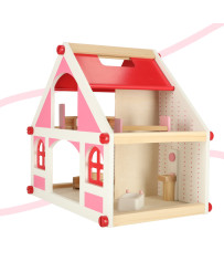 Wooden doll house white and pink + furniture 36cm