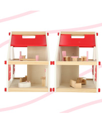 Wooden doll house white and pink + furniture 36cm