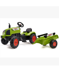 FALK Claas Zaļais traktors ar pedāļiem, signāltaure, piekabe uz 2 gadiem.