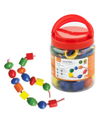 Viga A set of colorful wooden beads for stringing in a jar