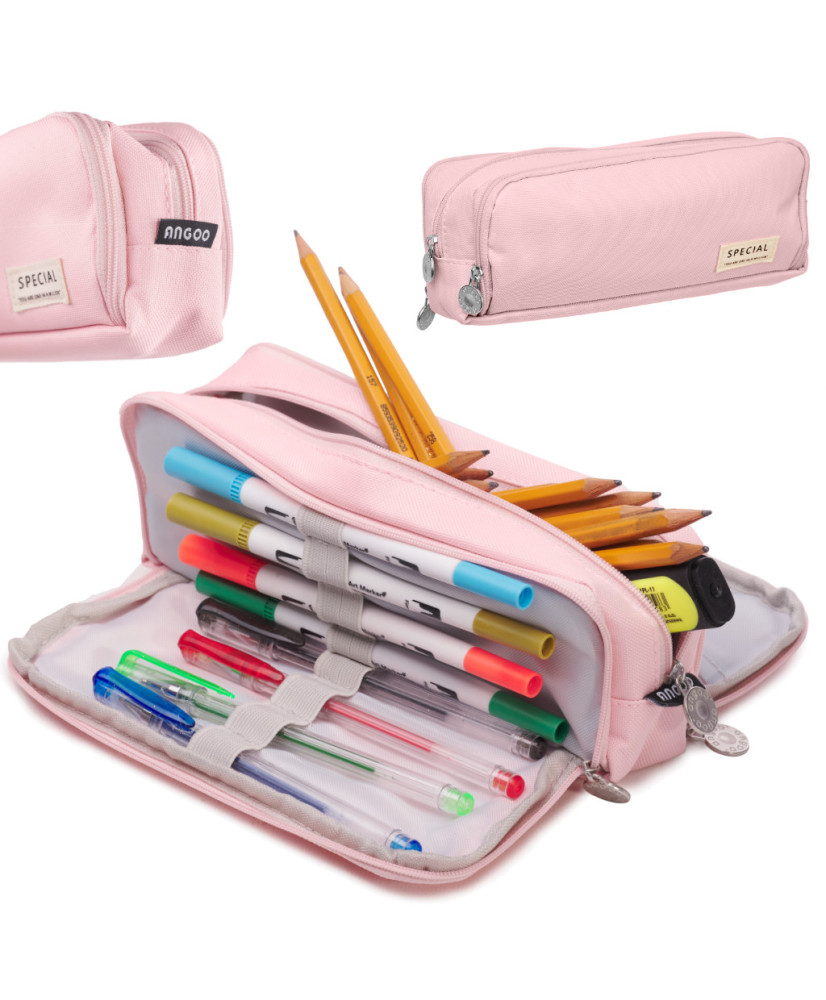 School pencil triple sachet make-up bag 3-in-1 pink
