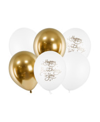 Õhupallid 30cm Happy Birthday To You 6tk kuldne valge
