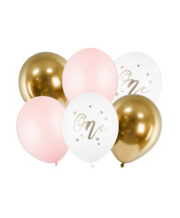 Baloni 30cm pasteļbaloni bāli rozā 5 gab. balti zeltaini rozā krāsā